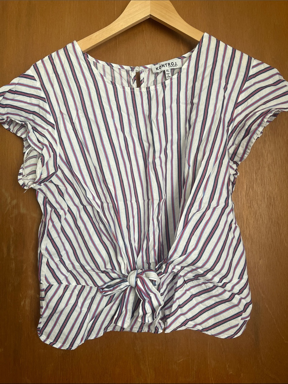 Kontrol White Striped Tie-Front Blouse with Red & Blue Stripes